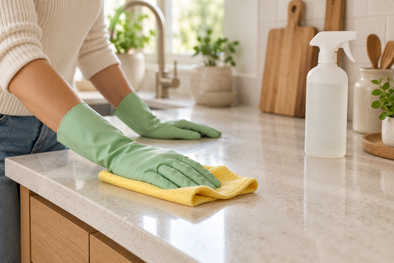 Green-gloved hands carefully wiping a kitchen counter with a yellow cloth