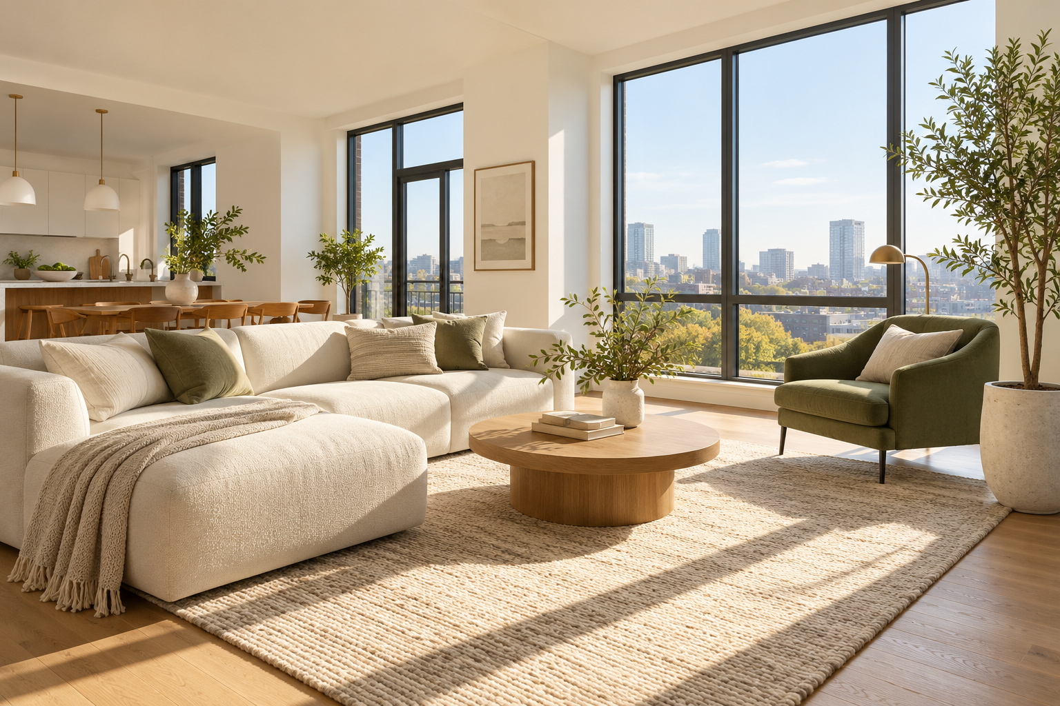 Bright, uncluttered living room with a cream sofa and an olive-green chair